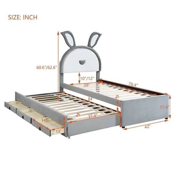 dimension image slide 1 of 2, Kids Twin Upholstered Bed with Trundle & 3 Drawers, Wooden Platform Frame with Embedded LED Lights, Rabbit-Shaped Headboard