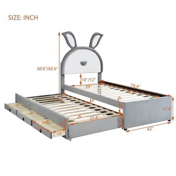 dimension image slide 1 of 4, Rabbit-Shaped Velvet Platform Bed Frame with Trundle & LED Lights