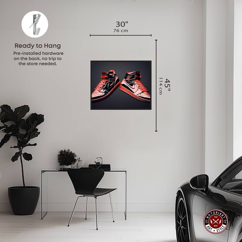 Notoriart Red Sneakers On Display Framed Sneaker 1 Piece Canvas Wall Art
