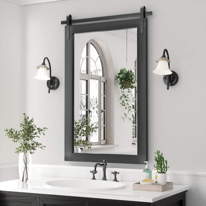 Modern Wall Mirrors, Rectangular Mirror with Wood Framed, Bathroom Mirror Barn Mirror Barn Door Mirror with Multi Size - 24W * 36H Inches - Black