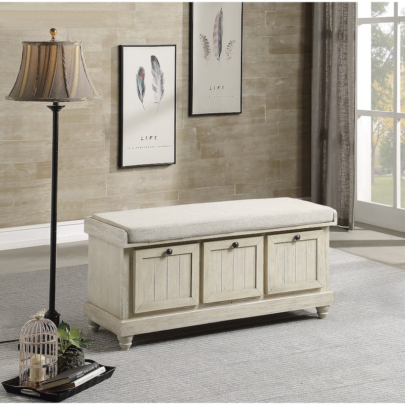 1pc Durable Storage Bench White Finish Foam Cushioned Seat Beige Upholstery Flip-Top Seat Solid Wood Home Furniture