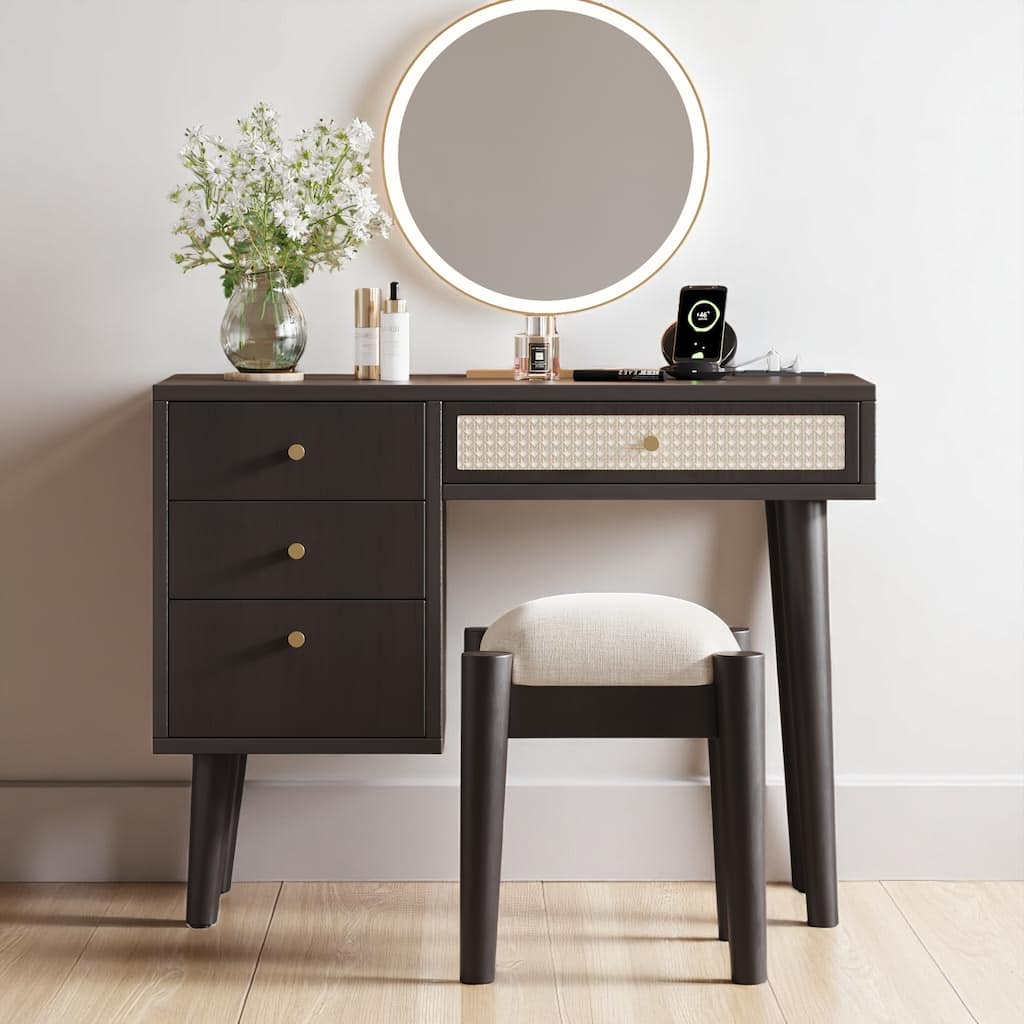 Retro Vanity Table with USB & Power Outlet, Rattan Drawer, 3 Storage Drawers & Stool, 39" Makeup Desk