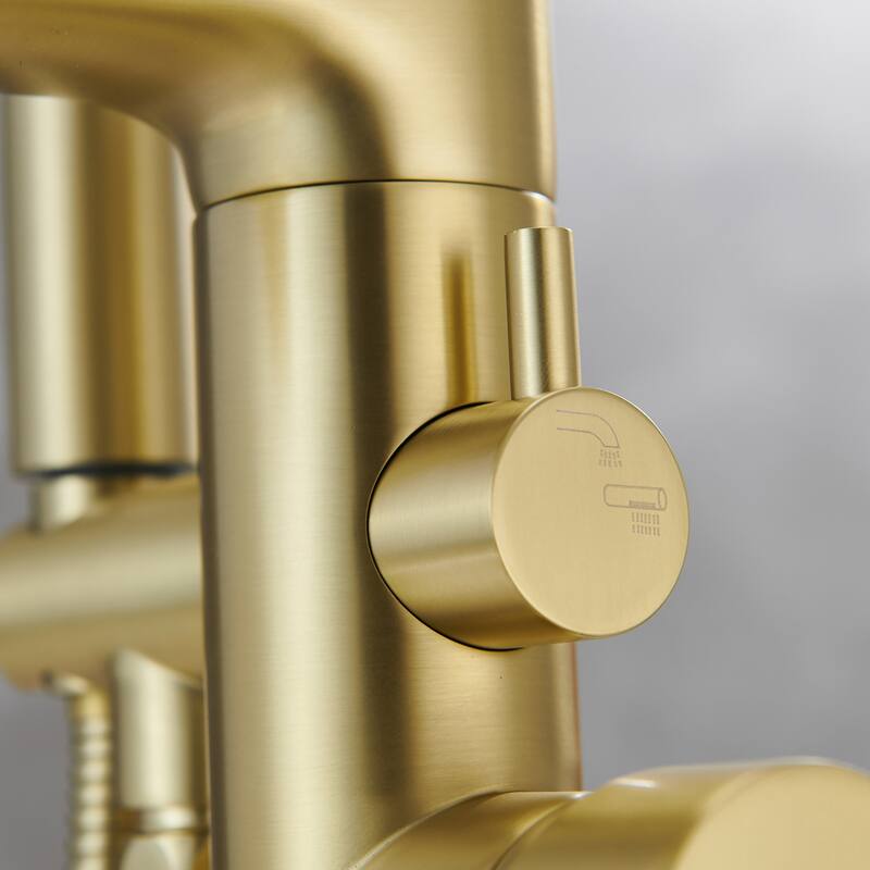 Brushed Gold Double Handle Floor Mounted Freestanding Tub Filler with Handshower
