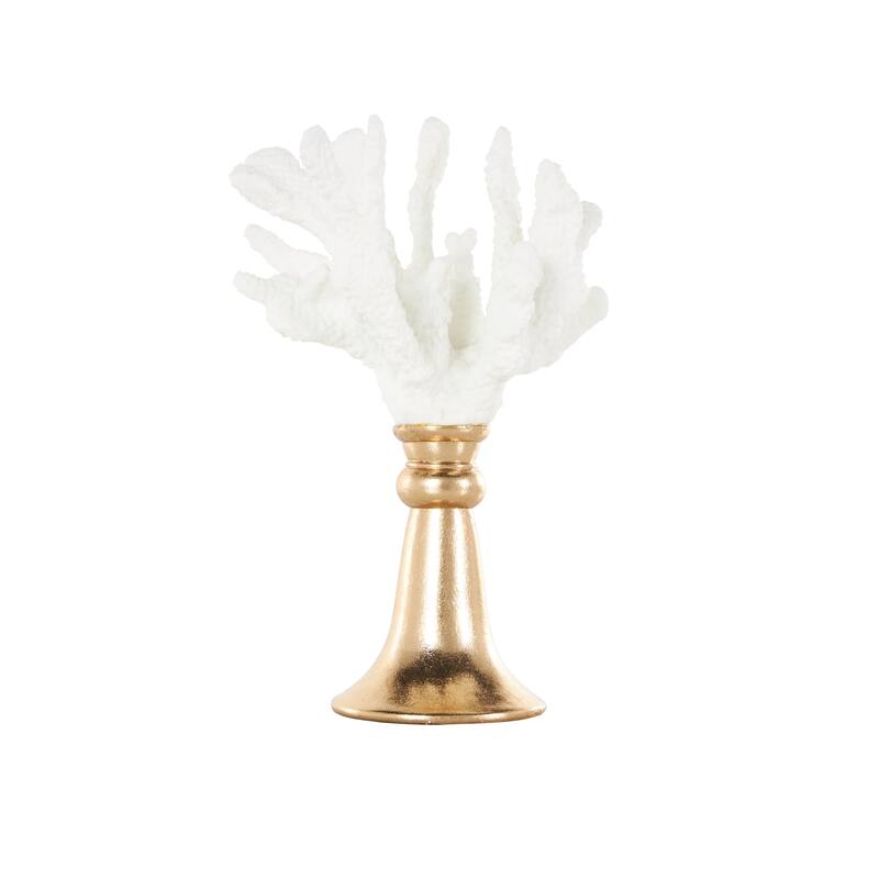 White Resin Textured Coral Decorative Sculpture with Round Copper Base