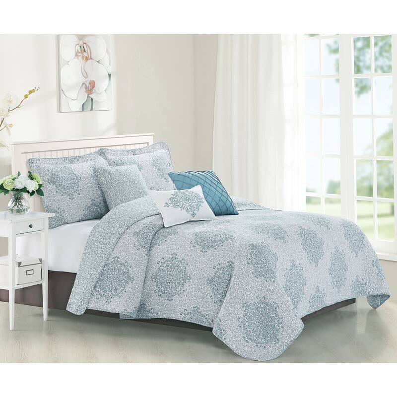 Serenta 6-piece Chelsea Printed Microfiber Quilts Coverlet Set - gray and teal - King