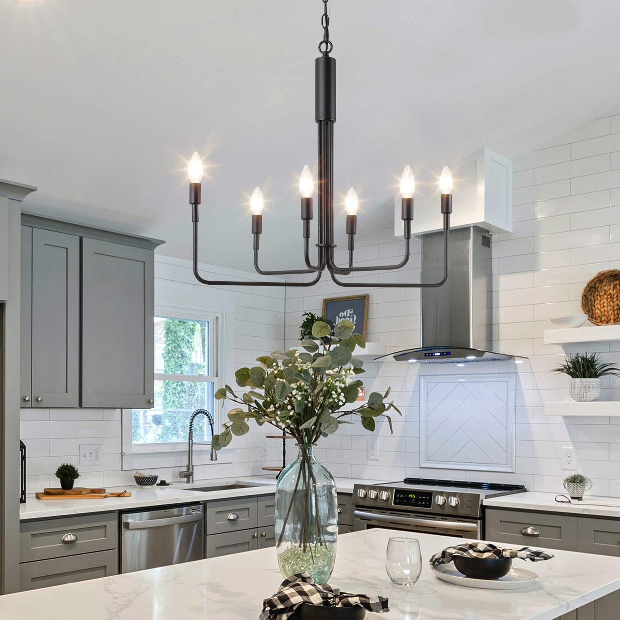 Modern 6-Light Black Candle Classic Chandelier for Dining Room