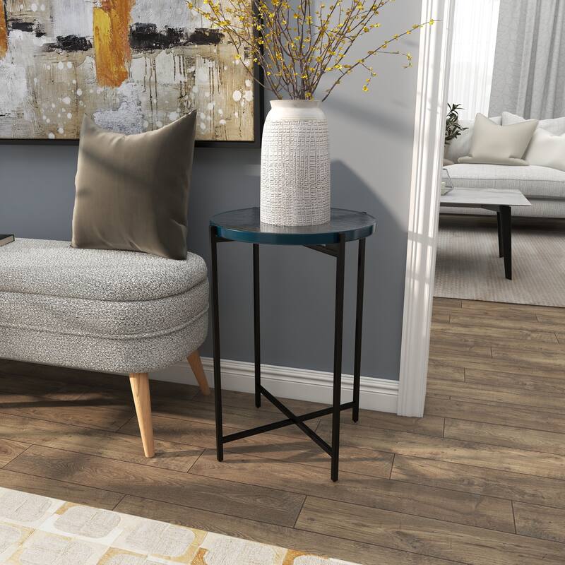 Gold or Black Metal X-Shaped Side End Accent Table with Textured Glass Tabletop