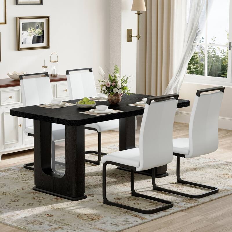 Set of 5 Piece Dining Table and Chair Set MDF Top with Glass Insert PU Seats Arched Metal Legs