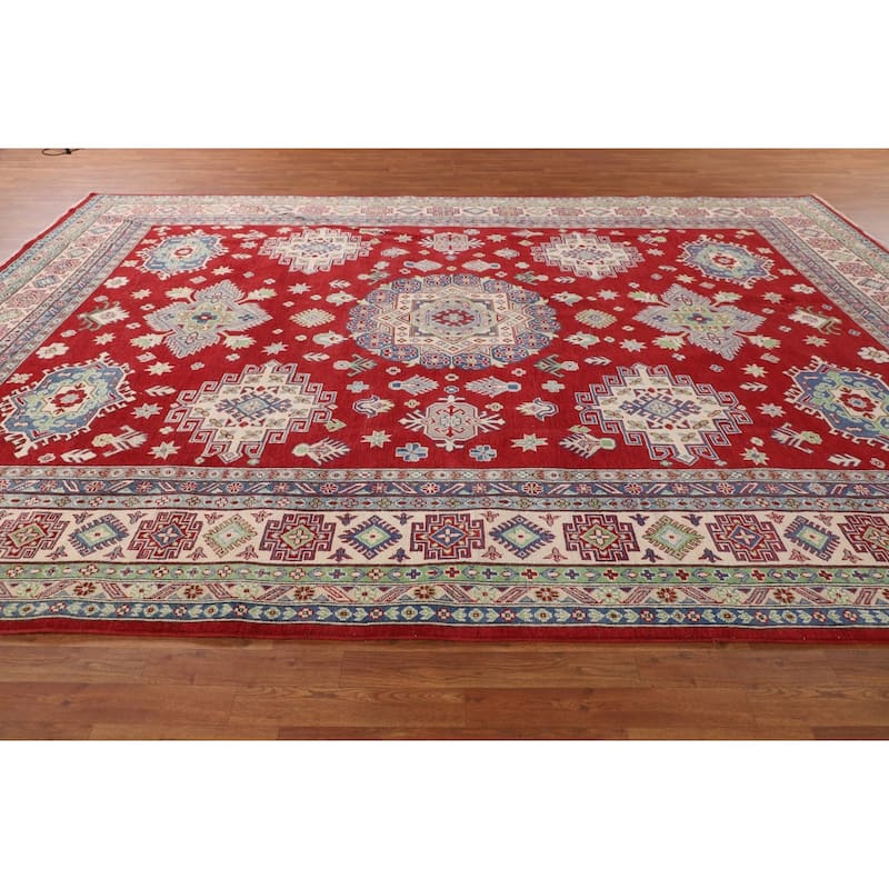 Geometric Red Large Kazak Oriental Area Rug Hand-Knotted Wool Carpet - 10'0" x 13'9"