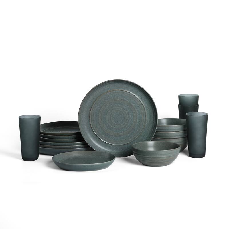 Stone Lain Elio Stoneware Dinnerware Set and Glassware Set - 16 Piece - Green