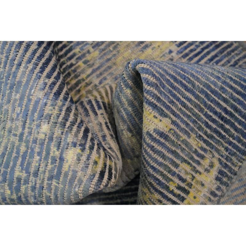 Hand Knotted Oriental Viscose Silk Carpet Modern All-Over Navy Blue & Blues Abstract Area Rug - 7' 8'' X 5' 6''