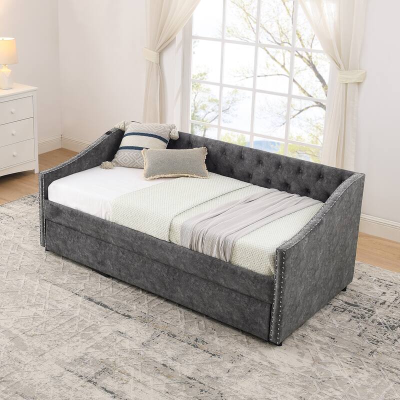Twin Size Extendable Daybed with Pull-Out Bed, USB Charging Ports, Button Tufted Back & Nailhead Trim