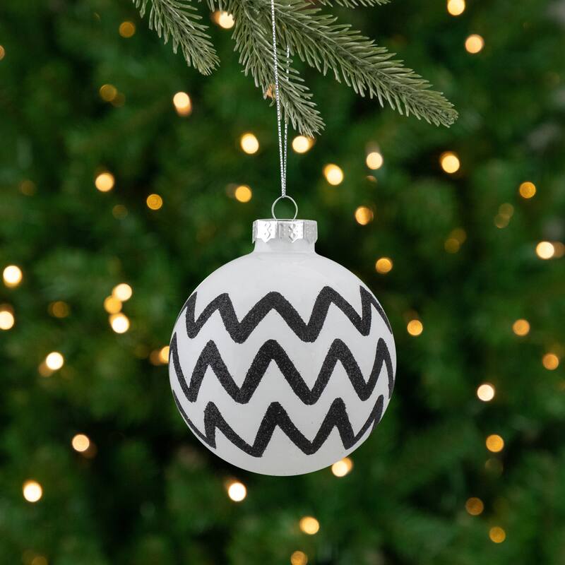 4ct Black White Zig Zag Checkered Christmas Glass Ornaments 2.75"