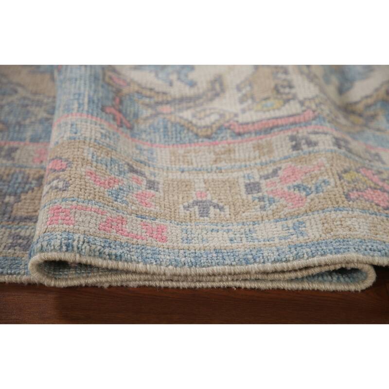 Handmade Vegetable Dye Oushak Turkish Runner Rug Blue Wool Carpet - 3'1"x 11'3"