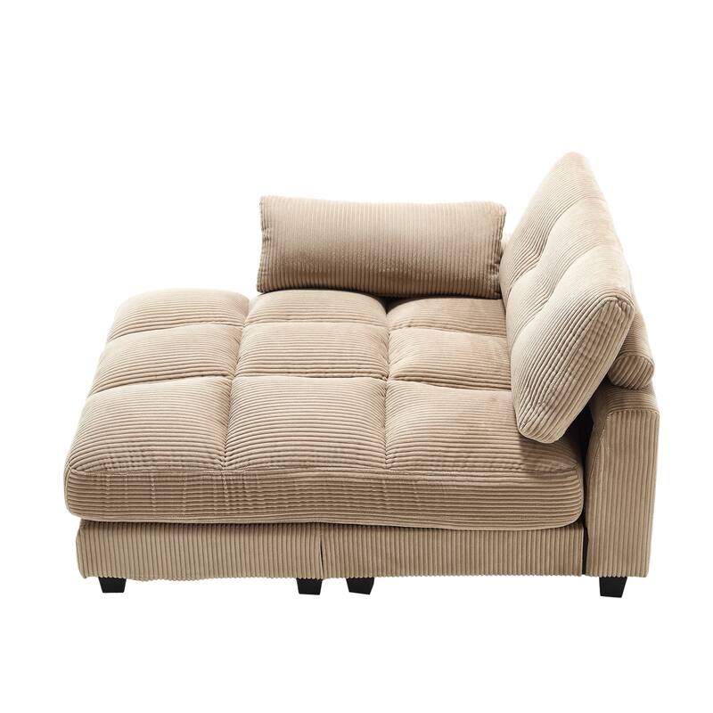 Oversized Corduroy Upholstered Single Chaise Lounge Sofa Couch Switchable Armrest with Cup Holders, USB Ports and Pockets