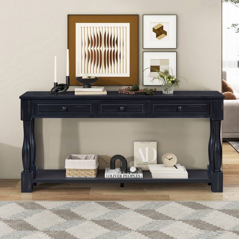 63"Long Console Table with 3 Drawers and Shelf for Entryway and Living Room in Mediterranean Design - Espresso