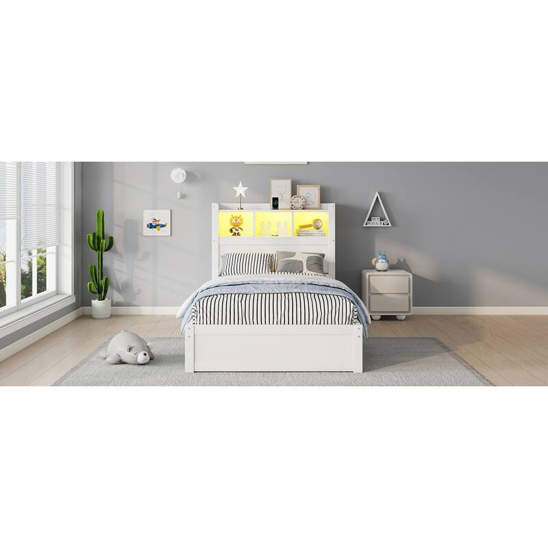 Roomfitters Twin/Full Platform Bed, LED Bookcase Headboard and Pull Out Storage Drawers with Wooden Frame for Bedrooms