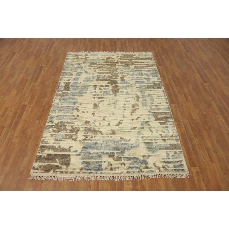 Hand-knotted Modern Wool Beige Abstract Area Rug Oriental Carpet - 8' 3'' X 5' 6''