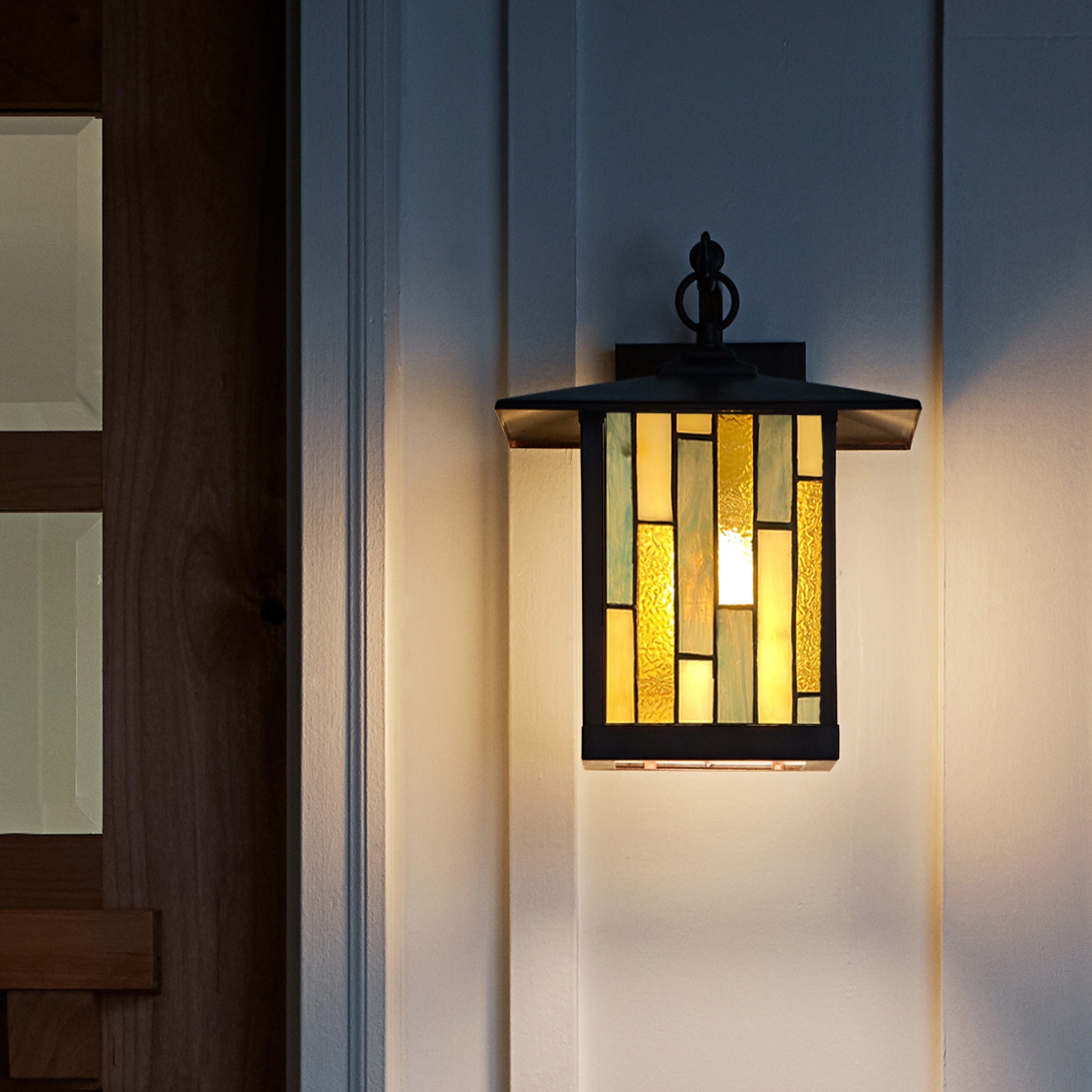 River of Goods Amber Tiffany-Style Stained Glass and Oil Rubbed Bronze 1-Light Outdoor Lantern Wall Sconce