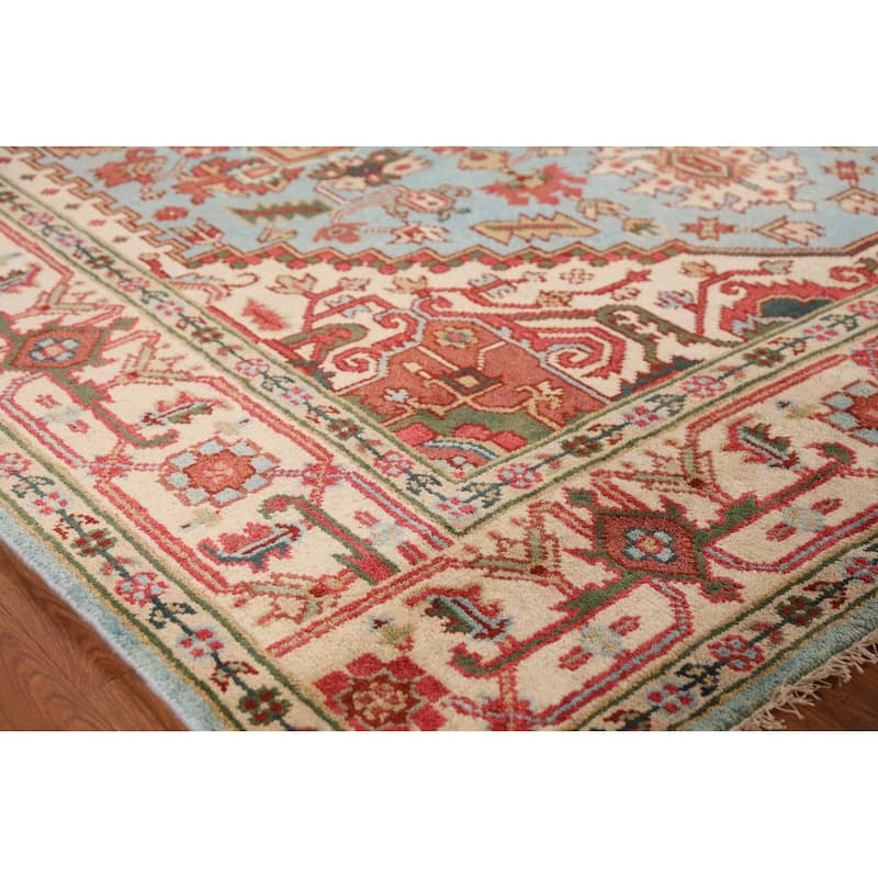 Light Blue Heriz Serapi Area Rug Handmade Geometric Wool Carpet - 7'10" x 9'10" - 7'10" x 9'10" - Blue