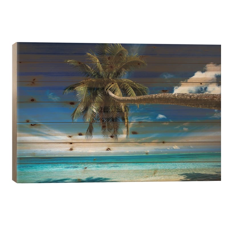 Palm Tree Bending Over The Beach, Bora Bora, Society Islands, French Polynesia Print On Wood by Panoramic Images - Multi-Color - 18x26x1.5