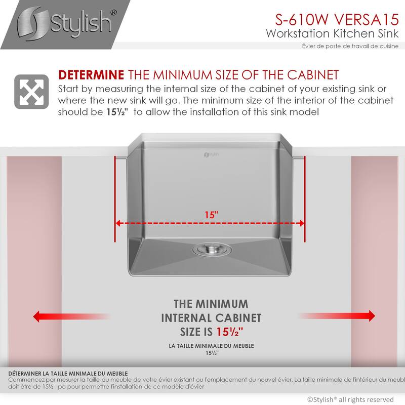 STYLISH 15 inches L x 19 inches W Single Bowl Undermount 16G Stainless Steel Kitchen Sink with Built in Accessories Handmade