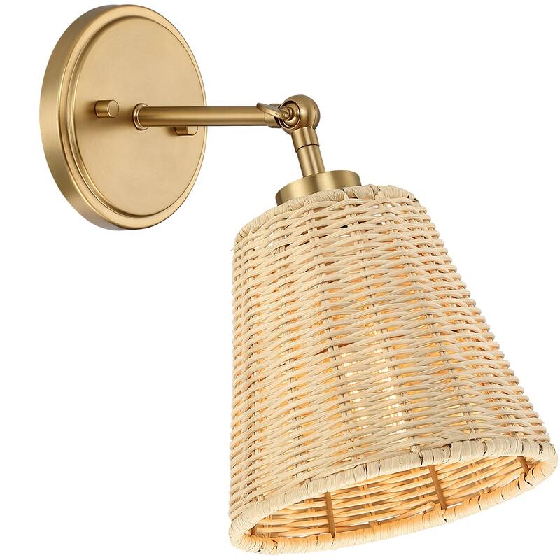 1-Light Boho Natural Rattan Hardwired Wall Sconce with Adjustable Swivel Swing Arm