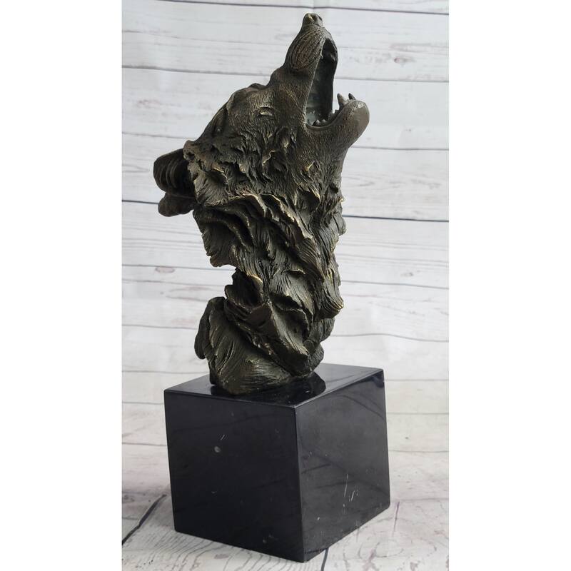 Holwing Wolf Head Bust Bronze Metal Statue Sculpture Figure On Marble Base Signed 12.5 Inches X 7 Inches