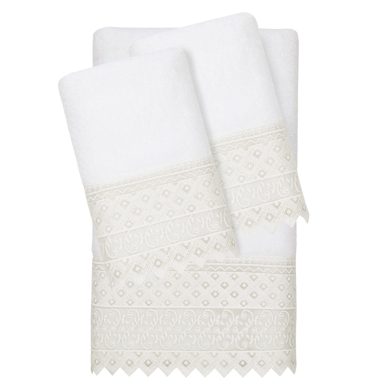 Authentic Hotel and Spa 100% Turkish Cotton Aiden 3PC White Lace Embellished Towel Set - White