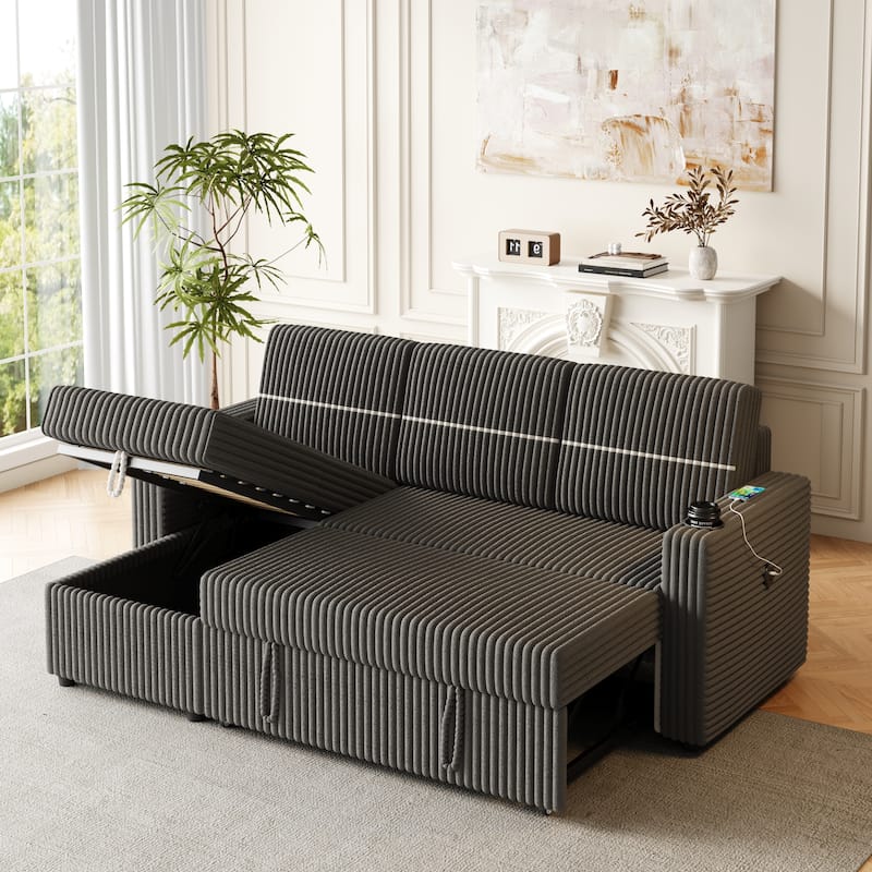 3-Seater Sleeper Sofa Bed with Corduroy Fabric, Storage Chaise, USB Charger, and Cup Holders