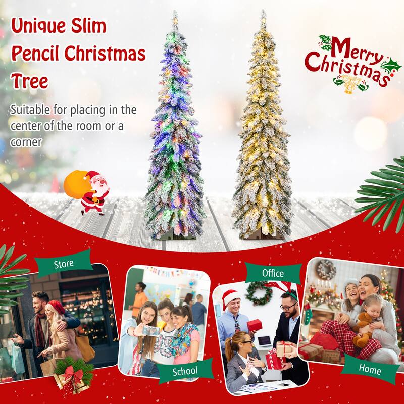 Gymax 4/5/6 FT Pre-Lit Artificial Christmas Tree Snow-Flocked Slim