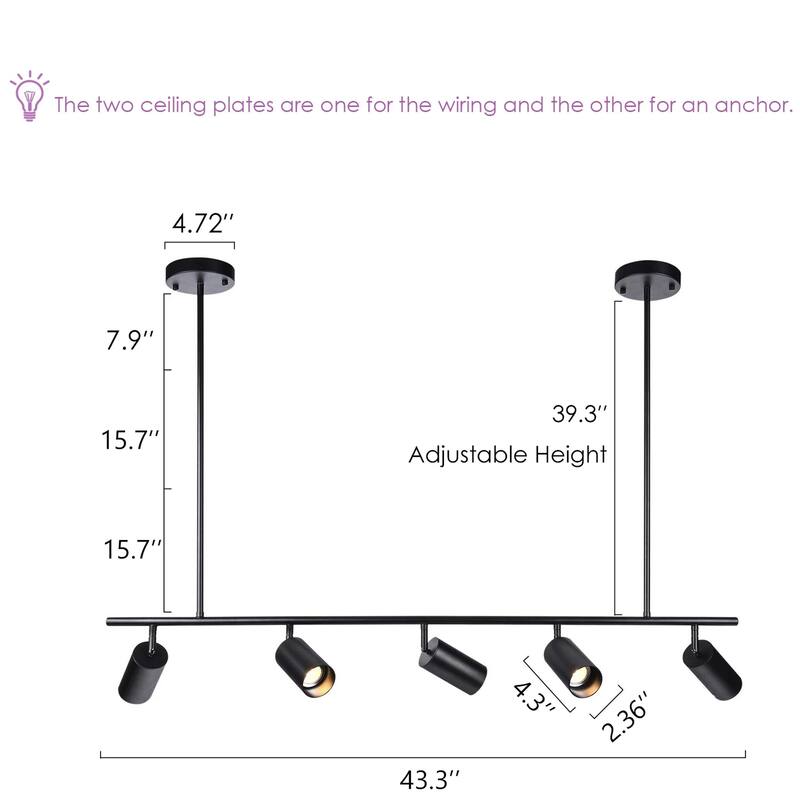 5-Light Black/ Gold Modern Industrial Adjustable Linear Ceiling Track Lighting Kit Spot Tracking Light Pendant
