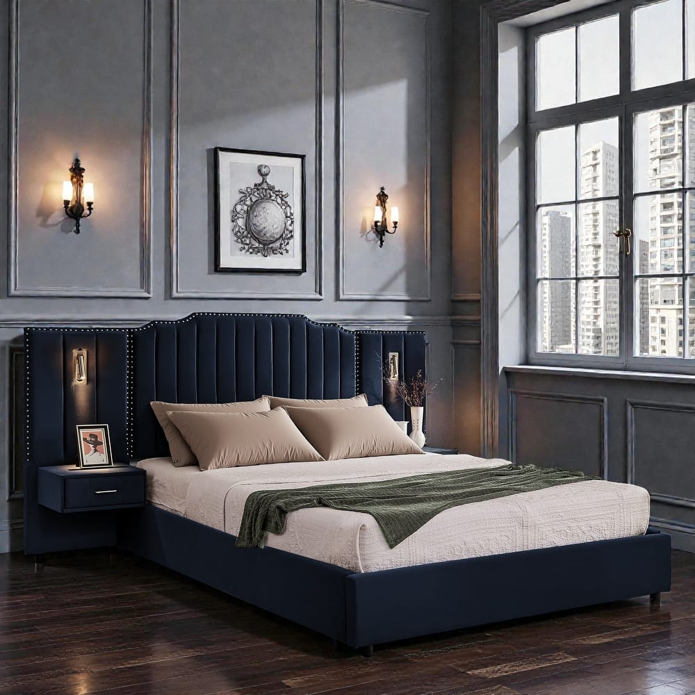 Modern Upholstered Bed Frame with Velvet Headboard, Vertical Channel Button Design, Integrated Nightstand, Platform Support