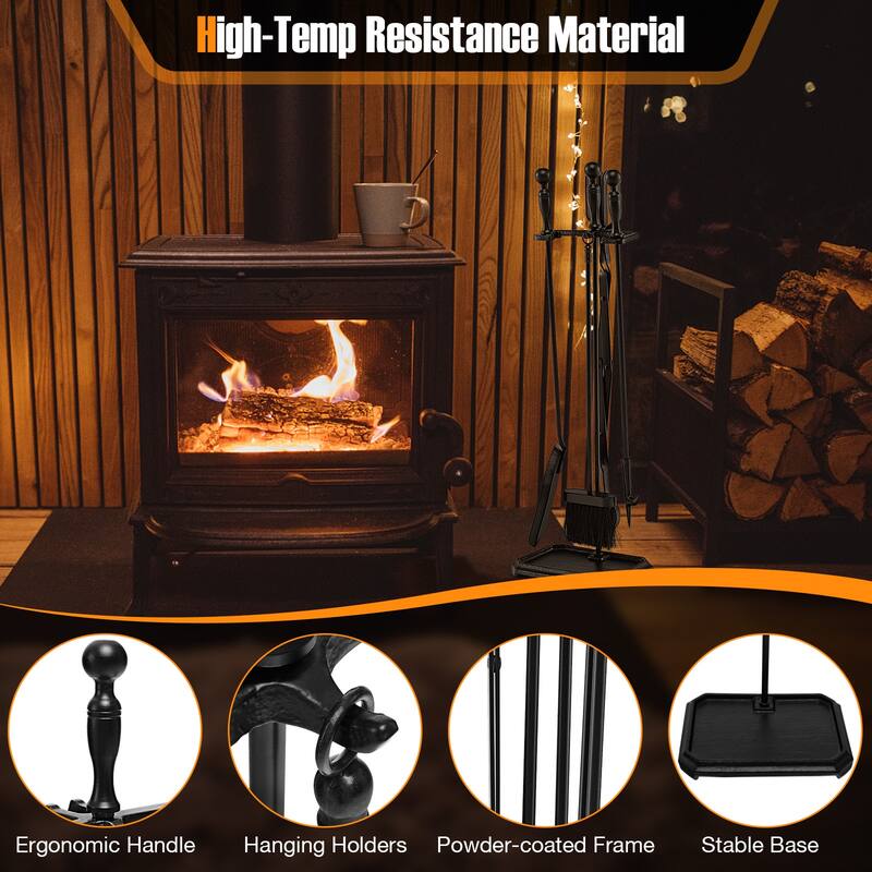 5-Piece Black Iron Fireplace Tool Set with Stand, Poker Tong Brush and Shovel for Home - 9" x 6.5" x 28"