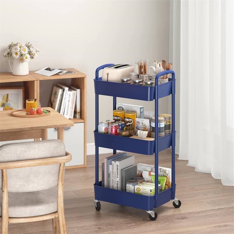 3-Tier Plastic Rolling Utility Cart - 11.42"D x 15.35"W x 29.92"H - Blue
