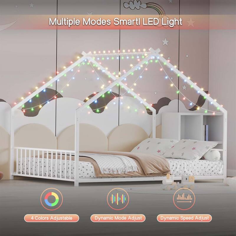 Platform Bed with LED Light Strips,Roof-Shaped Iron Frame,Sturdy and Safe Design