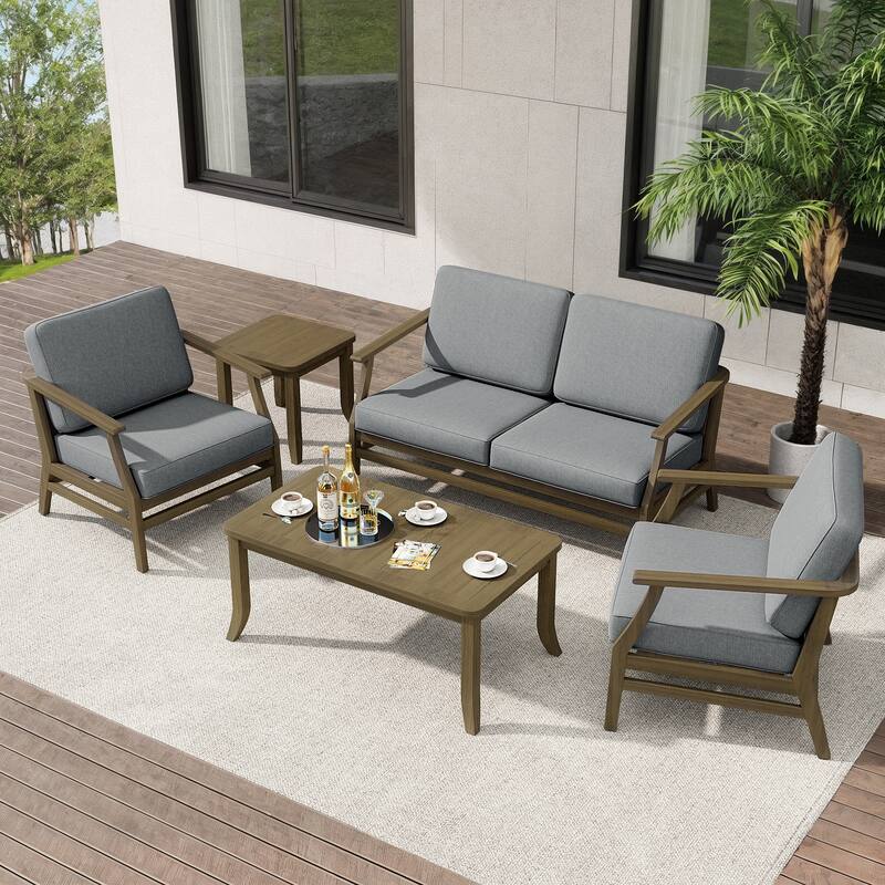Teak Outdoor Patio Seating Set with Loveseat, Chairs and Tables (5-Piece)
