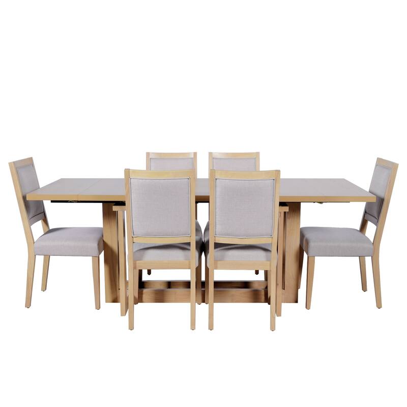 Roomfitters 7-Piece Rustic Extendable Trestle Dining Table Set with 6 Upholstered Chairs, Rubber Wood