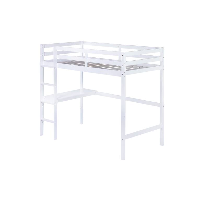 Twin Size High Loft Bed with Desk Underneath, Rubberwood Frame, Safety Guardrail and Ladder for Teens, Kids, Dorm or Bedroom