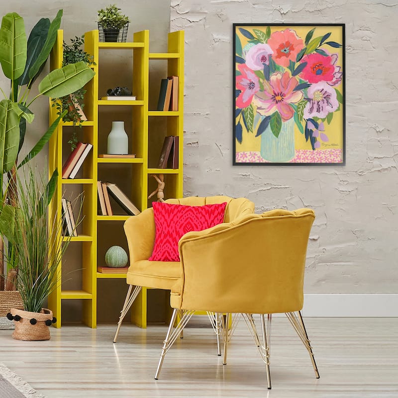 Stupell Vibrant Pink Bouquet on Yellow Framed Giclee Art Design By Suzanne Allard