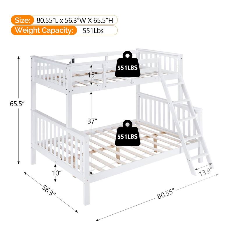 White Twin Over Full Size Bunk Bed with Guardrail, LED Light, Charging Station