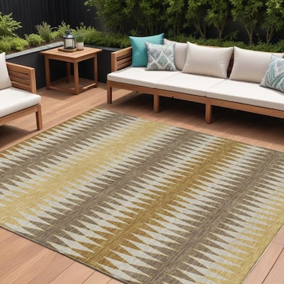 Chocolate And Ivory Striped Washable Indoor Outdoor Area Rug - 8' X 10'