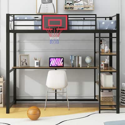 Black Heavy Duty Loft Bed with Desk and Basketball Hoop, Metal Loft Bed Frame with Storage Shelves for Kids, Teens -Twin Size