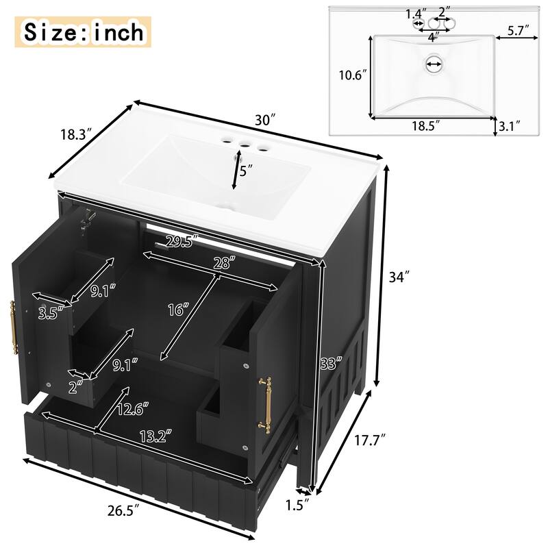 30" Bathroom vanity with sink, multi-functional bathroom cabinet with doors and storage shelves, featuring drawers