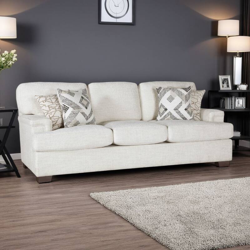 Osy Sofa with 4 Accent Pillows, 91 Inch, Soft Ivory Chenille