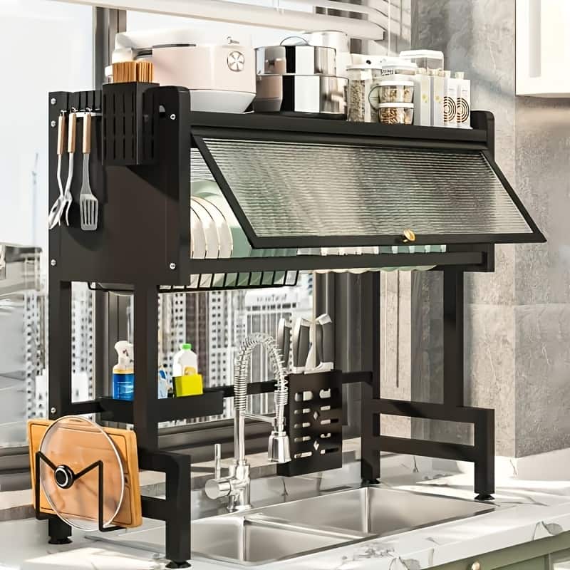 Over The Sink Dish Drying Rack, 3-Tier Carbon Steel Kitchen Storage Cabinet with Cover