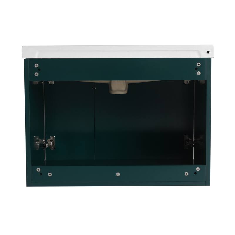 Floating Bathroom Vanity Cabinet with Pre-Drilled Ceramic Sink and Multiple Handle Options - 27.75in L