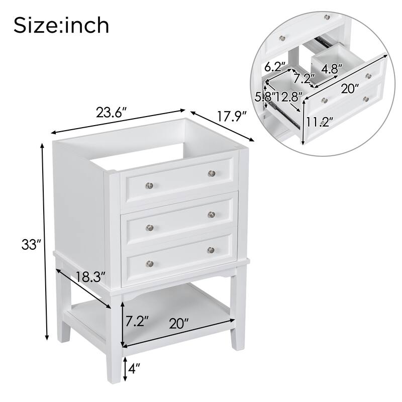 24" White Bathroom Vanity Base - Solid Wood & MDF Cabinet, Open Shelf & Drawer, Freestanding Design