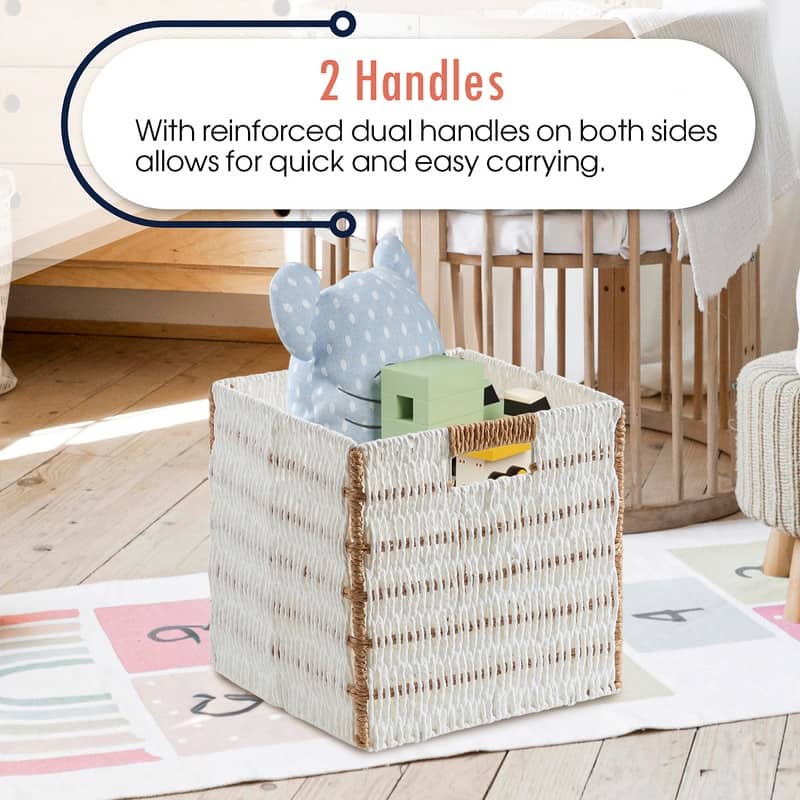 2 Pack Foldable Paper Wicker Shelf Storage Basket Cube Bin with Handles