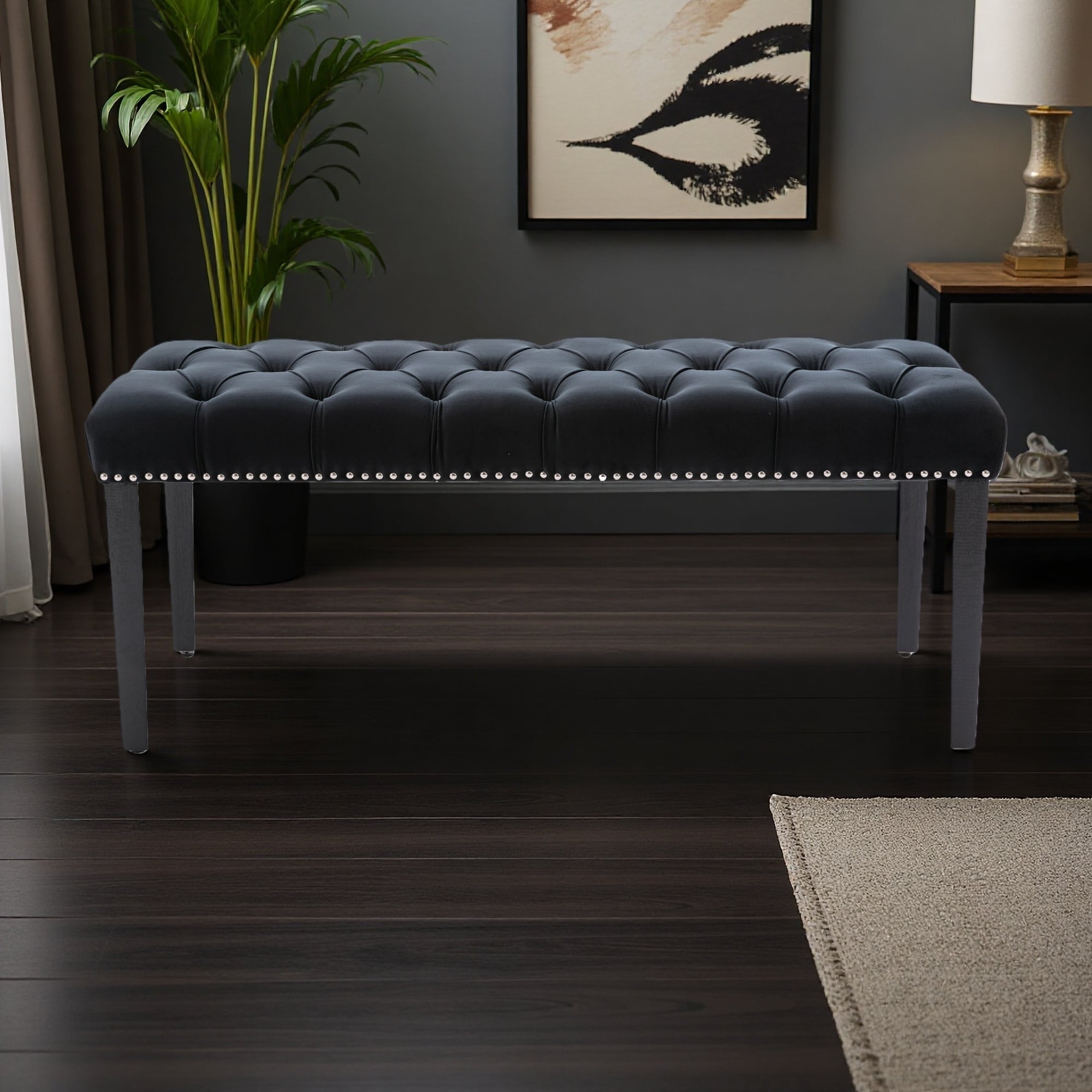 45.28"L Velvet Upholstered Tufted Bench Ottoman, Soft Cushioned Footrest Stool with Rubber Wooden Legs for Entryway, Dining Room